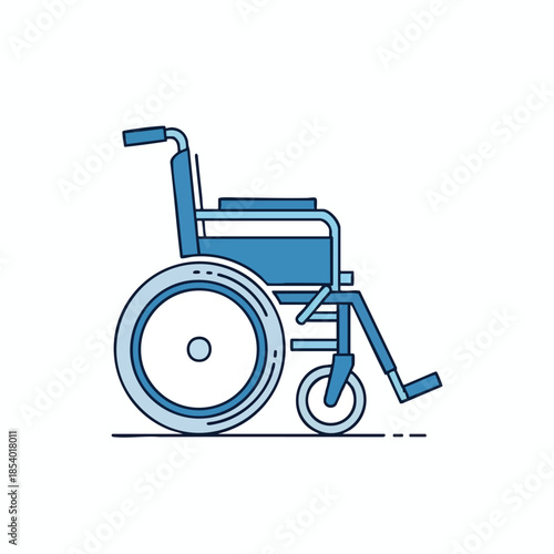 A blue, side-profile illustration of a wheelchair against a white background