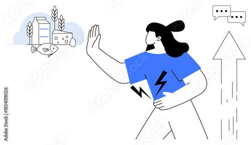 Food intolerance, allergies, healthy lifestyle, decision-making, diet control, communication. A woman gesturing no towards dairy and fish. Food intolerance and allergies concept