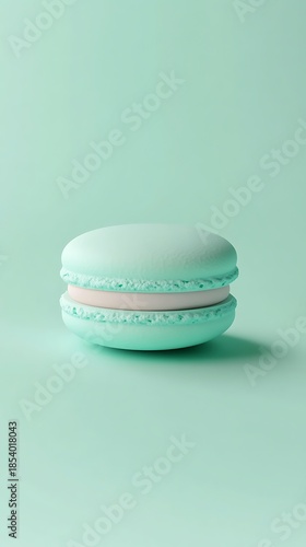 Cool mint green background with a 3D small macaron in the middle, pastel-colored and delicate 