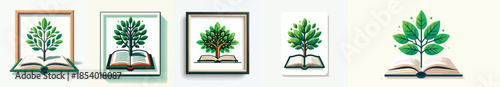 Vector of a small tree growing from an open book. Vector, minimalist, illustration, icon set.