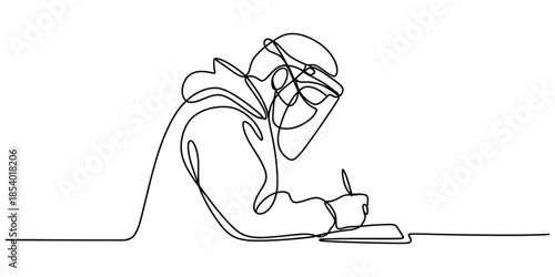 A minimalist continuous line art drawing of a student studying and writing with focus