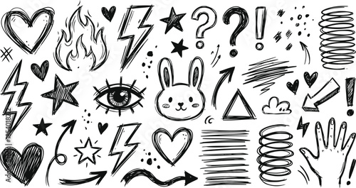 Hand drawn doodle icons set with hearts, stars, and symbols