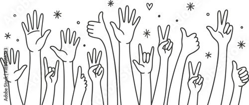 Diverse hands raised in celebration with peace signs and thumbs up