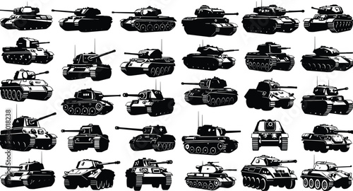 Vintage military tank silhouettes collection, heavy armored vehicle icons set, WWII war machines, battlefield equipment illustration, isolated black combat tank graphics