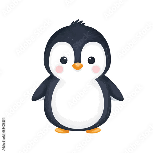 A cute, cartoon-like penguin with white belly and black feathers stands upright