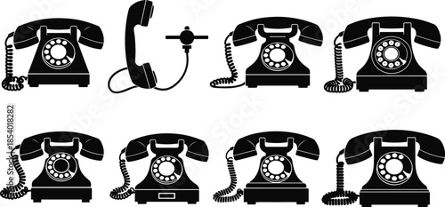 Vintage rotary telephones vector set featuring classic dial phones, handset designs, communication icons and antique telephone silhouettes for retro 