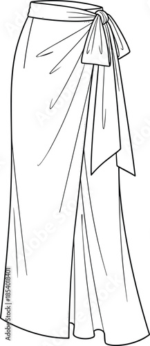 Women's long wrap maxi skirt fashion flat technical drawing vector illustration, with side tie detail and slit, apparel template for clothing designers, isolated on white.