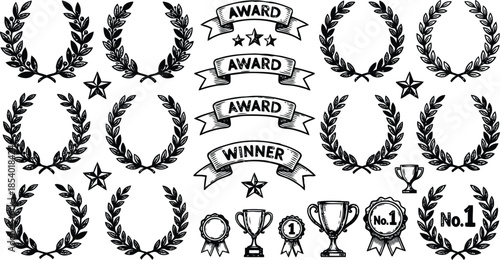 Collection of award-winning symbols and laurel wreaths for recognition