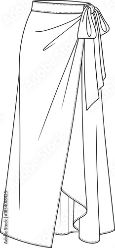 Women's long wrap maxi skirt fashion flat technical drawing vector illustration, with side-tie bow detail and high slit, apparel template for clothing design, isolated on white.