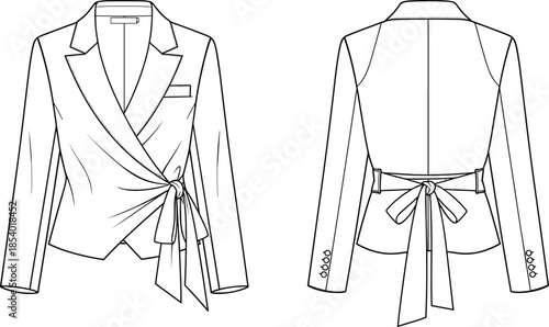 Women's stylish fitted wrap blazer jacket flat technical drawing vector illustration. Long sleeve business suit top CAD sketch with waist tie detail.