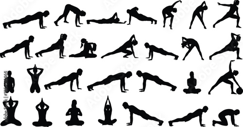 Yoga poses silhouettes set, group of people doing pilates stretching, fitness exercise, plank, downward dog, cobra, and warrior, healthy active lifestyle design element for gym,