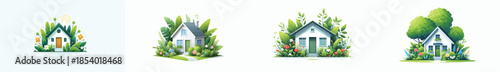 Small house vector with green plants. Vector, minimalist, illustration, icon set.