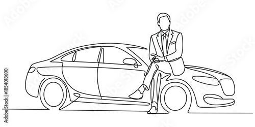 Single continuous line drawing of a businessman in a suit sitting on a luxury car