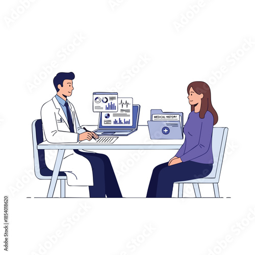 A doctor and patient at a desk with medical records and a laptop
