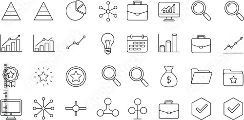 Business analytics and management line icon set featuring charts, graphs, planning tools, performance metrics, data visualization and strategy symbols