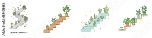 Vector staircase with plants growing on each level. Vector, minimalist, illustration, icon set.