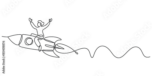 A person on a rocket in continuous line art, symbolizing successful startup and rapid business growth.