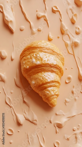 Pale peach background with a 3D small croissant in the middle, golden brown and flaky texture 