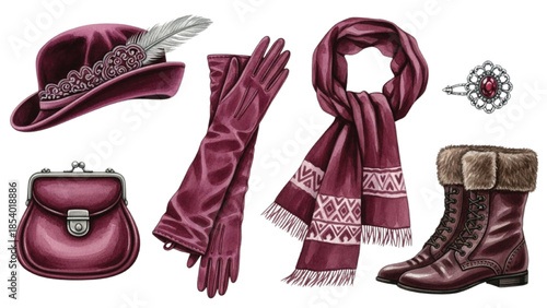 Vintage Burgundy Fashion Accessories Watercolor Illustration with Hat Scarf Gloves Boots Handbag and Brooch