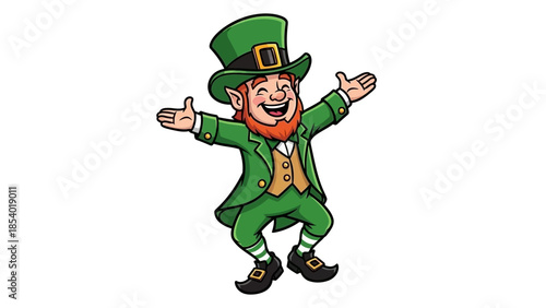 A cheerful leprechaun dressed in a green suit and hat, with arms outstretched in a welcoming gesture.