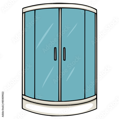 Modern corner shower cabin with curved blue glass doors and sleek handles isolated on white background, hand-drawn style vector illustration for bathroom interior design and home renovation.