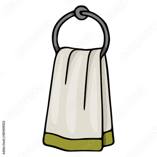 Hand-drawn vector illustration of a soft white hand towel with a decorative olive green trim neatly hanging on a circular gray metal towel ring.