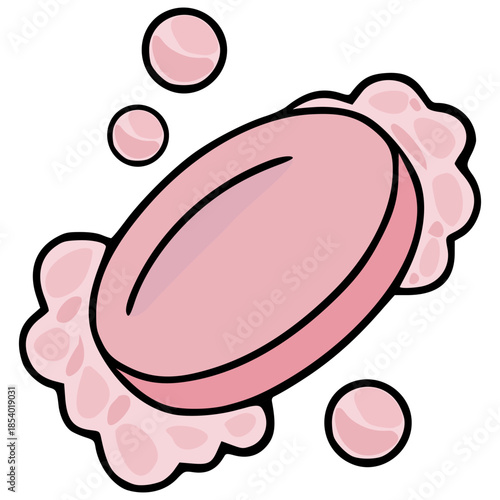 A stylized pink soap bar with frothy bubbles and a glossy sheen, presented as a clean vector illustration on a white background.