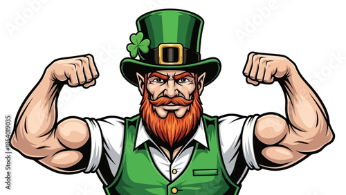 A muscular leprechaun with a red beard and a green hat flexing his biceps, symbolizing strength and Irish culture.