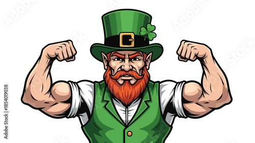 A muscular leprechaun wearing a green hat and vest, flexing his biceps with a determined expression.