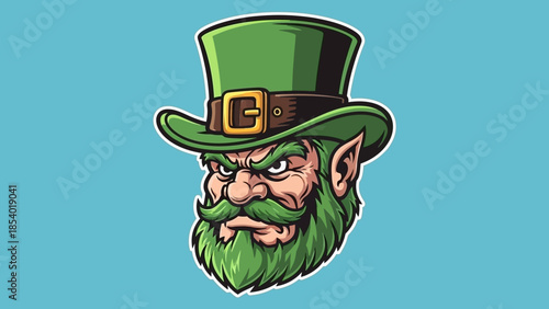 A detailed illustration of a leprechaun's face wearing a green hat with a gold buckle.