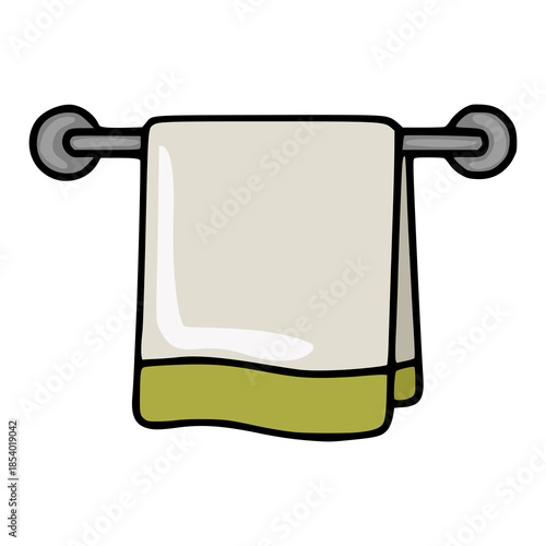 A simple vector illustration of a neatly folded bath towel hanging on a minimalist chrome towel rack, featuring a soft beige fabric with a subtle olive green stripe at the bottom, isolated on a whi...