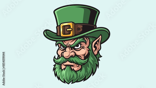 A detailed illustration of a leprechaun's face wearing a green hat with a gold buckle.
