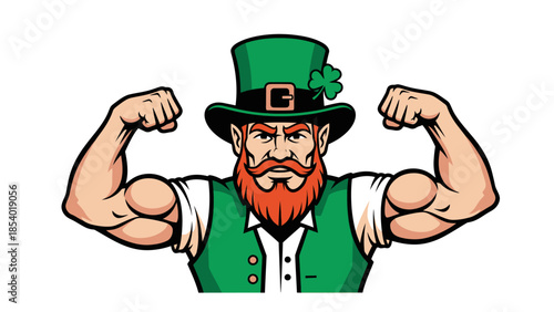 A muscular leprechaun wearing a green hat and vest, flexing his biceps with a determined expression.