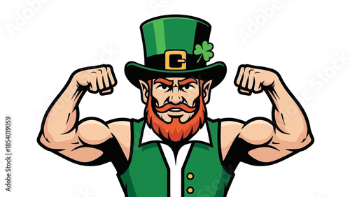 A muscular leprechaun wearing a green hat and vest, flexing his biceps with a determined expression.