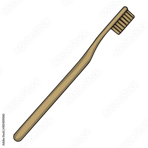 Simple vector illustration of a single bamboo toothbrush with a light brown handle and bristles, isolated on a white background.