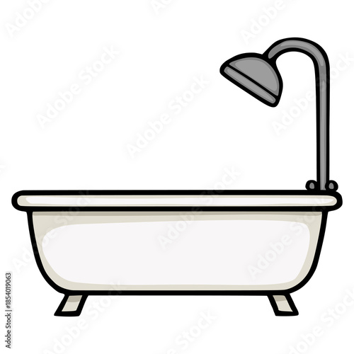 Simple hand-drawn vector illustration of a classic white porcelain bathtub featuring a tall curved gray shower head and small feet isolated on a plain background.