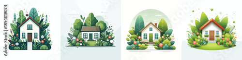 Small house vector with green plants. Vector, minimalist, illustration, icon set.