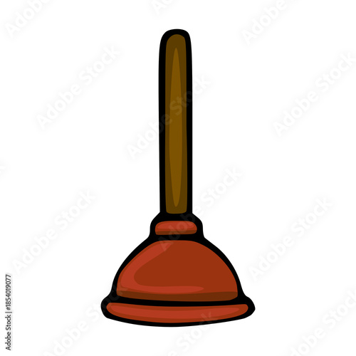 A simple vector illustration of a classic red plunger with a brown handle, presented in a clean, graphic style.