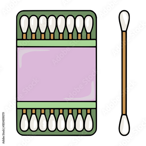 Cute vector illustration of a package of cotton swabs and a single swab, with a pastel purple label area.