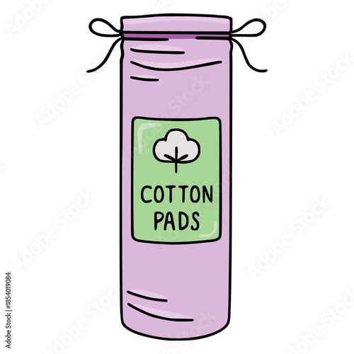 Simple vector illustration of a tall, cylindrical container filled with cotton pads, secured with a ribbon tie at the top, featuring a pastel purple hue and a light green label with a cotton plant...