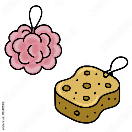 A charming vector illustration featuring a fluffy pink bath pouf and a textured yellow bath sponge, both with hanging loops, isolated on a clean white background, suggesting a spa or cleansing theme.