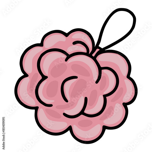 A charming vector illustration of a pink bath pouf with a loop, featuring soft gradients and bold black outlines, perfect for personal care or spa-themed designs.