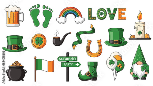 St. Patrick's Day themed clip art featuring symbols like shamrocks, leprechaun hats, and a pot of gold.