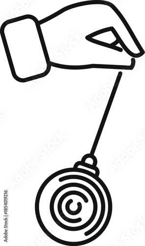 Hand holding a pendulum with a swirling pattern, representing hypnosis and suggestion