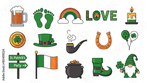A collection of St. Patrick's Day themed icons including a beer mug, footprints, rainbow, love text, candle, coin, hat, pipe, horseshoe, balloons, signpost, Irish flag, pot of gold, boot, and a gnome.