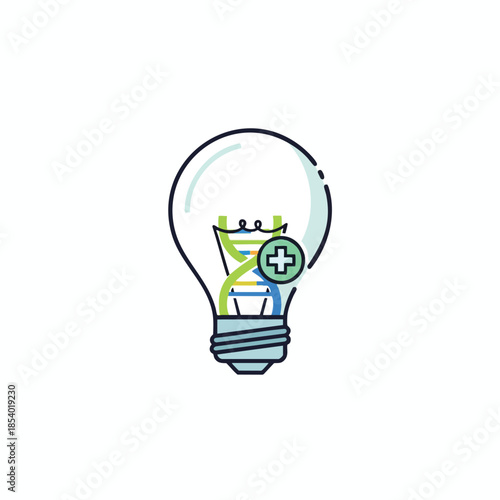 A light bulb with a DNA strand and a plus sign icon inside, on a white background