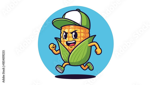 A cartoon illustration of a running ear of corn wearing a baseball cap and sneakers, set against a blue circular background.
