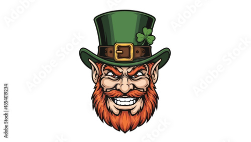 A detailed illustration of a leprechaun's face wearing a green top hat adorned with a shamrock.