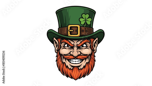 A menacing leprechaun with a red beard and a green hat adorned with a shamrock, depicted in a cartoonish style.