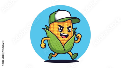 A cartoon illustration of a running ear of corn wearing a baseball cap, depicted against a bright blue circular background.